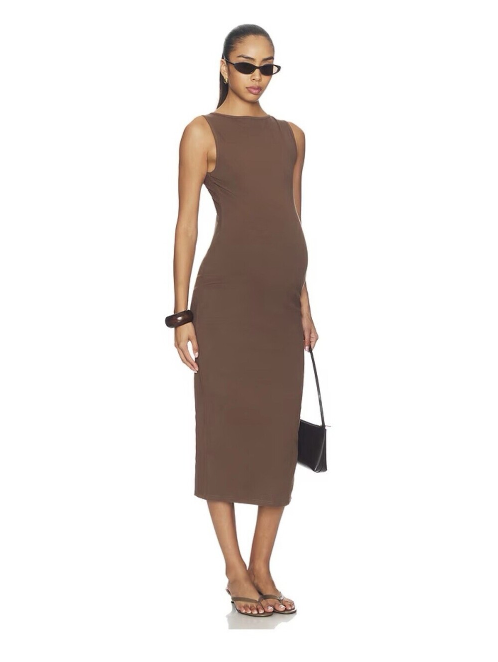 Bumpsuit Maternity Ribbed Boat Neck Midi Dress Sz S Brown Bodycon